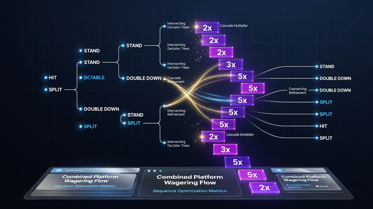Diagram showing blackjack decision tree branches overlaid on cascading slot reel sequences with multiplier indicators