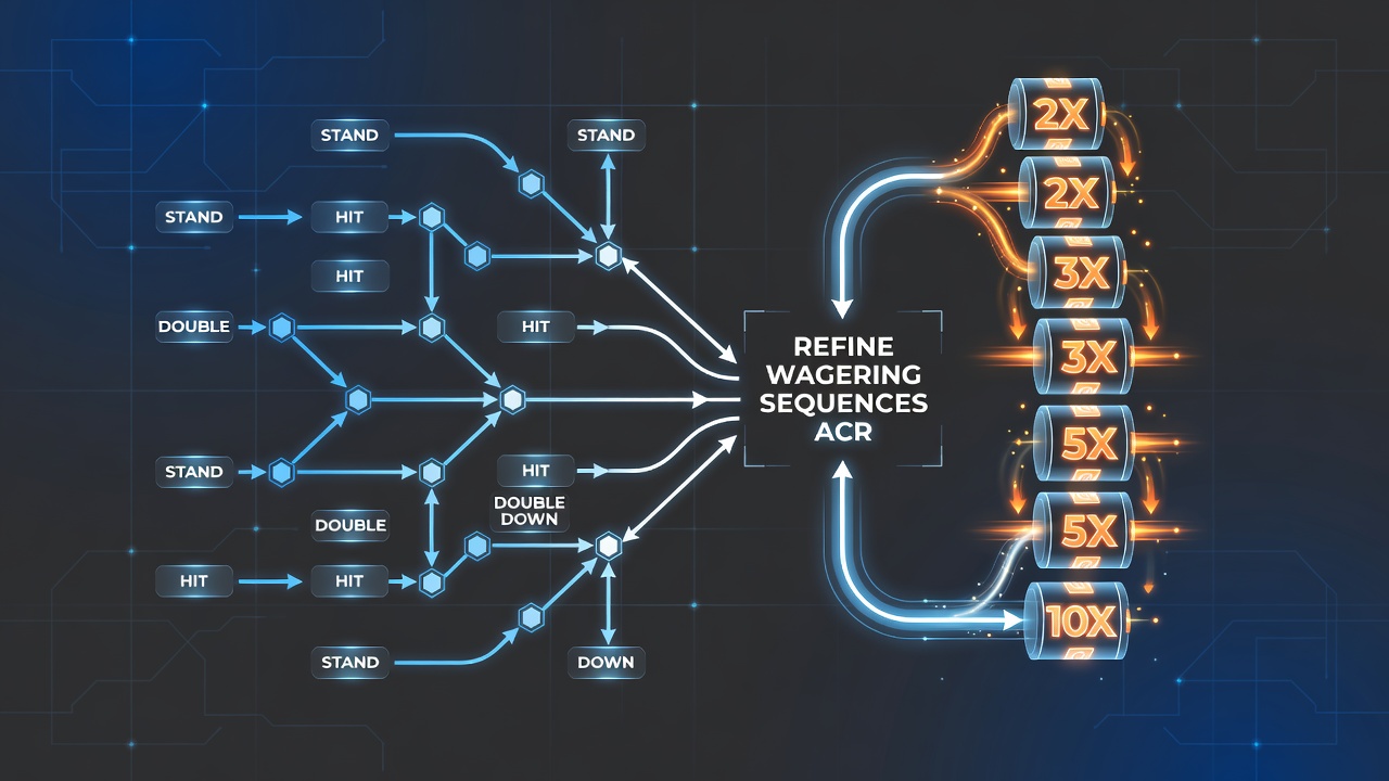 Flowchart illustrating wagering sequence adjustments between blackjack decision points and slot cascade multiplier events