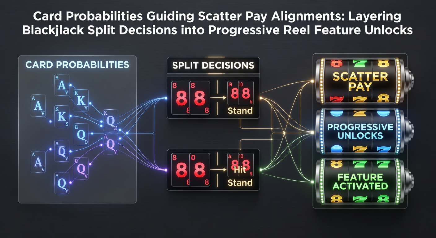 Blackjack split decisions overlaid on progressive slot reel alignments showing scatter pay probabilities