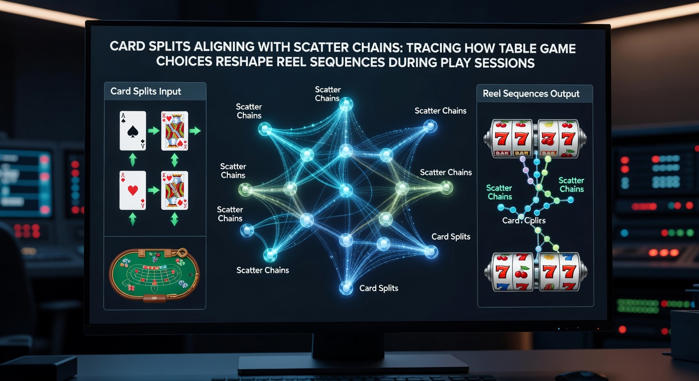 Close-up of mobile interface with card split options transitioning into slot reel scatter display