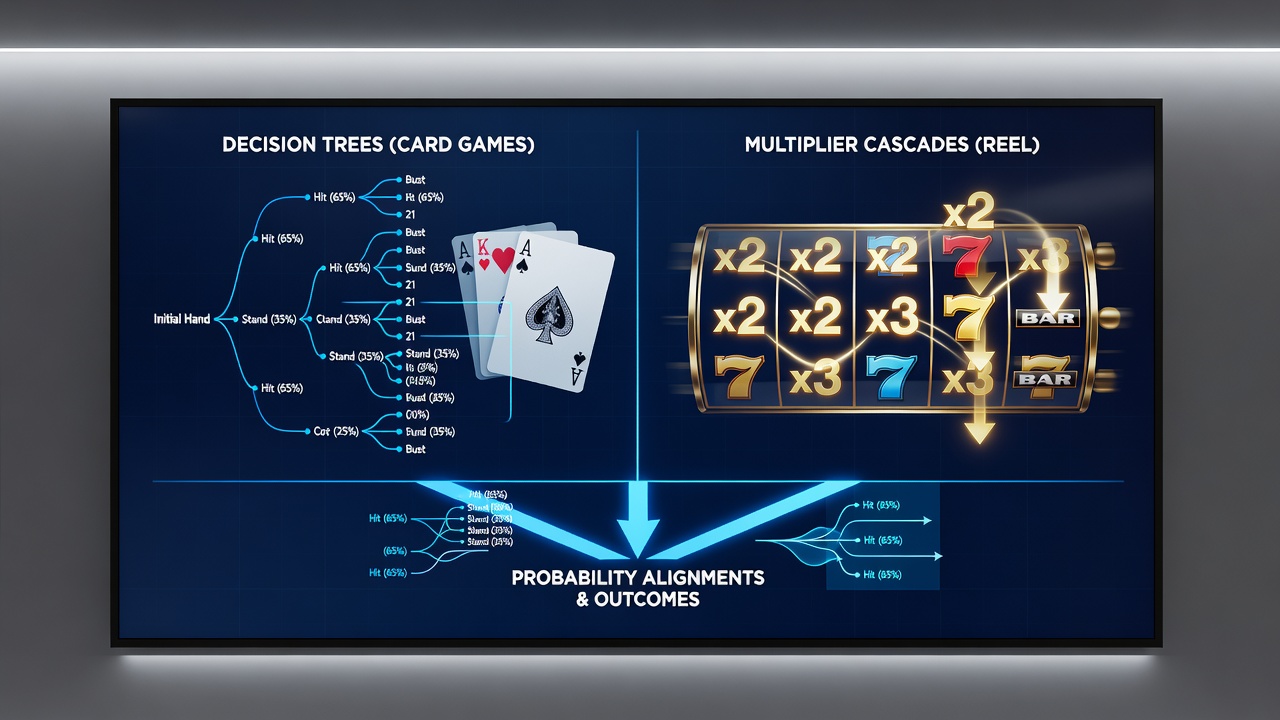 Chart illustrating probability overlaps between card game decision branches and reel cascade multiplier sequences