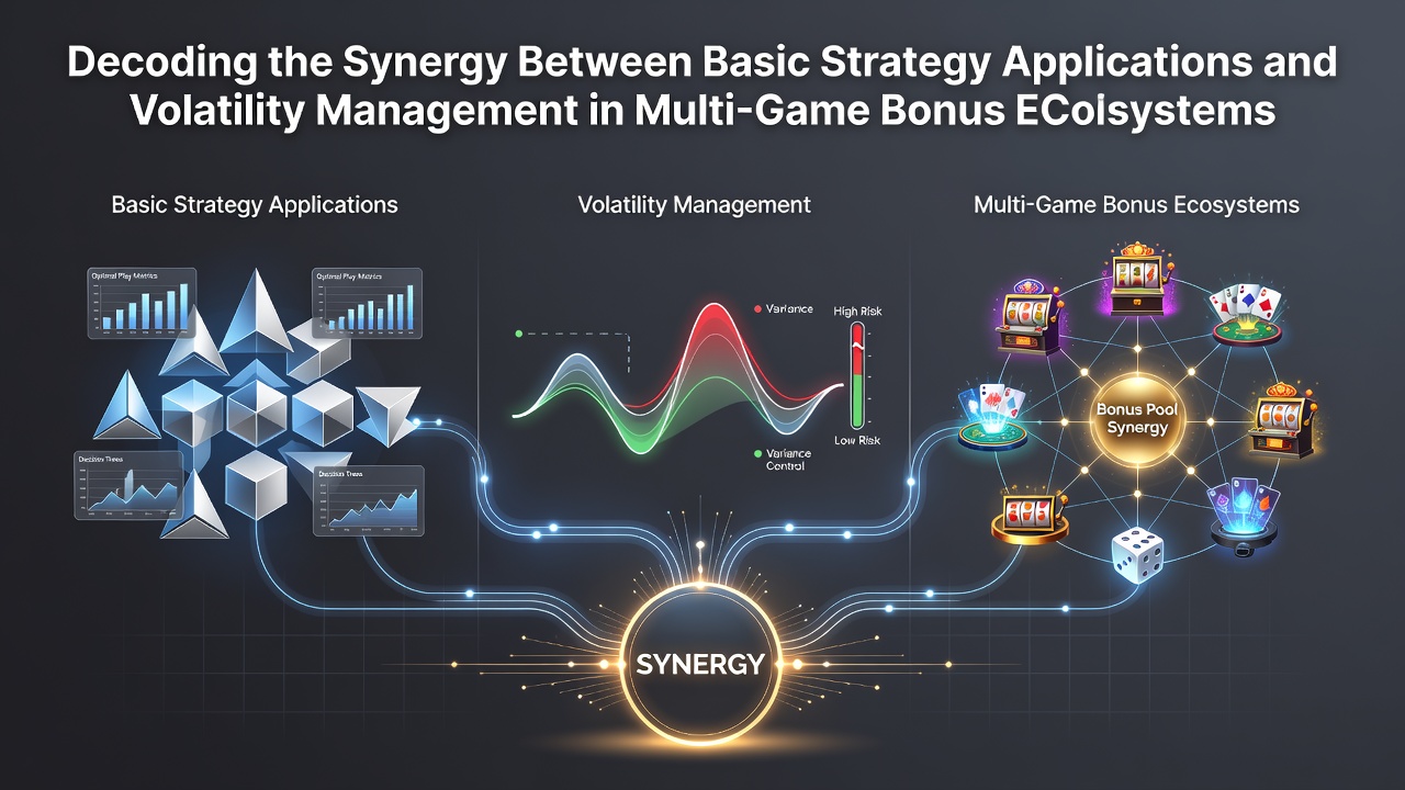 Diagram illustrating basic strategy charts alongside volatility graphs in multi-game casino bonus systems