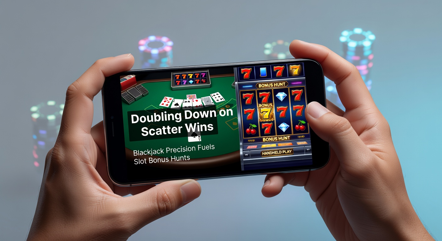 Mobile screen showing blackjack table alongside slot reels with scatter symbols activating a bonus round, highlighting the shift from card precision to spin excitement in handheld gaming