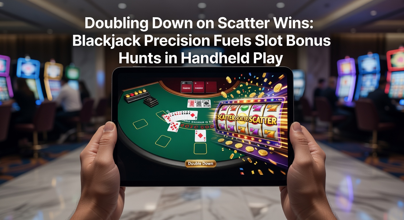 Close-up of slot scatters exploding into bonus features on a smartphone screen, with blackjack strategy chart overlaid, illustrating precision tactics bridging table games to reels in mobile bonus chases