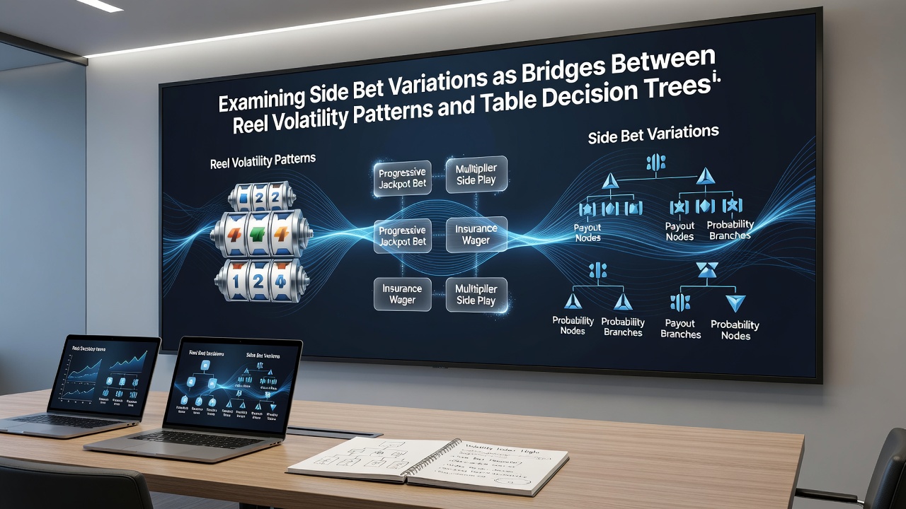 Flowchart showing how side bet selections integrate reel volatility metrics with blackjack decision tree nodes inside reward tracking systems