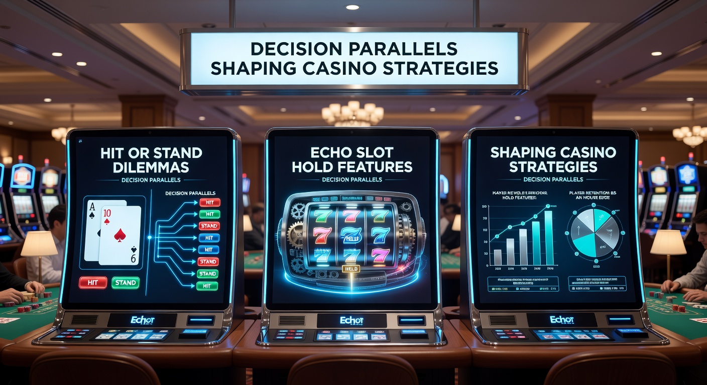 Digital graphic showing a blackjack table hand with hit and stand buttons alongside slot reels featuring hold symbols, illustrating decision parallels