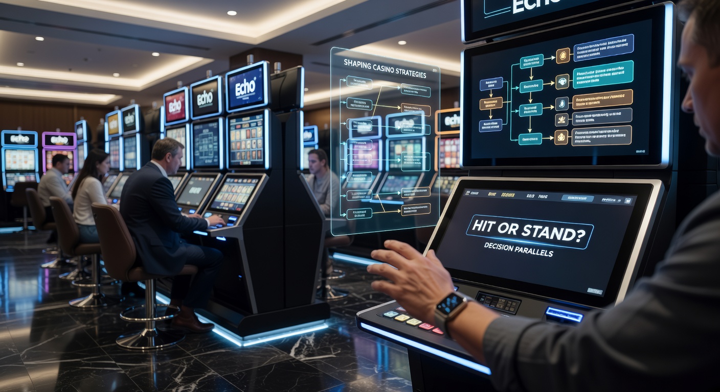 Split-screen illustration of a blackjack player pondering hit or stand next to a slot machine with illuminated hold buttons, highlighting strategic decision points