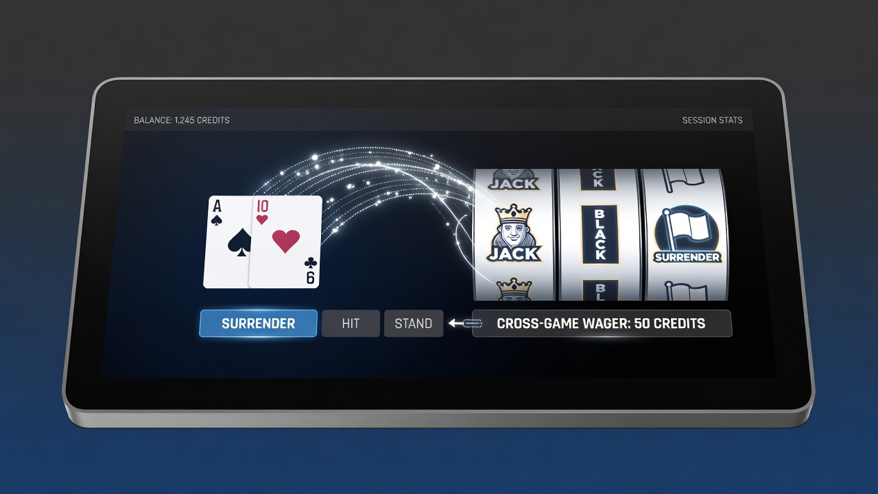 Split view of mobile screen showing blackjack surrender prompt next to active slot reel spins during bonus play