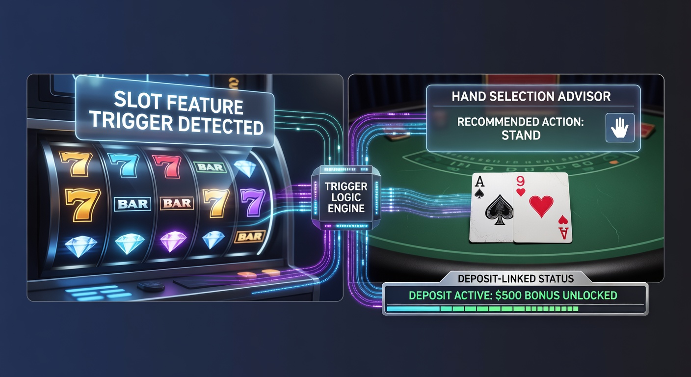 Diagram showing slot feature triggers connected to blackjack decision points in deposit bonus play