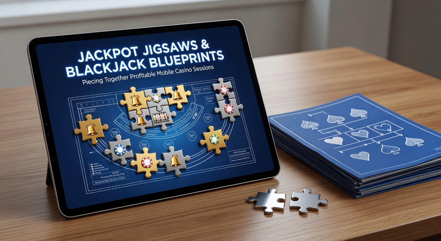 Vibrant mobile screen displaying interlocking jackpot slot puzzles alongside blackjack card layouts, symbolizing strategic session building in online casinos
