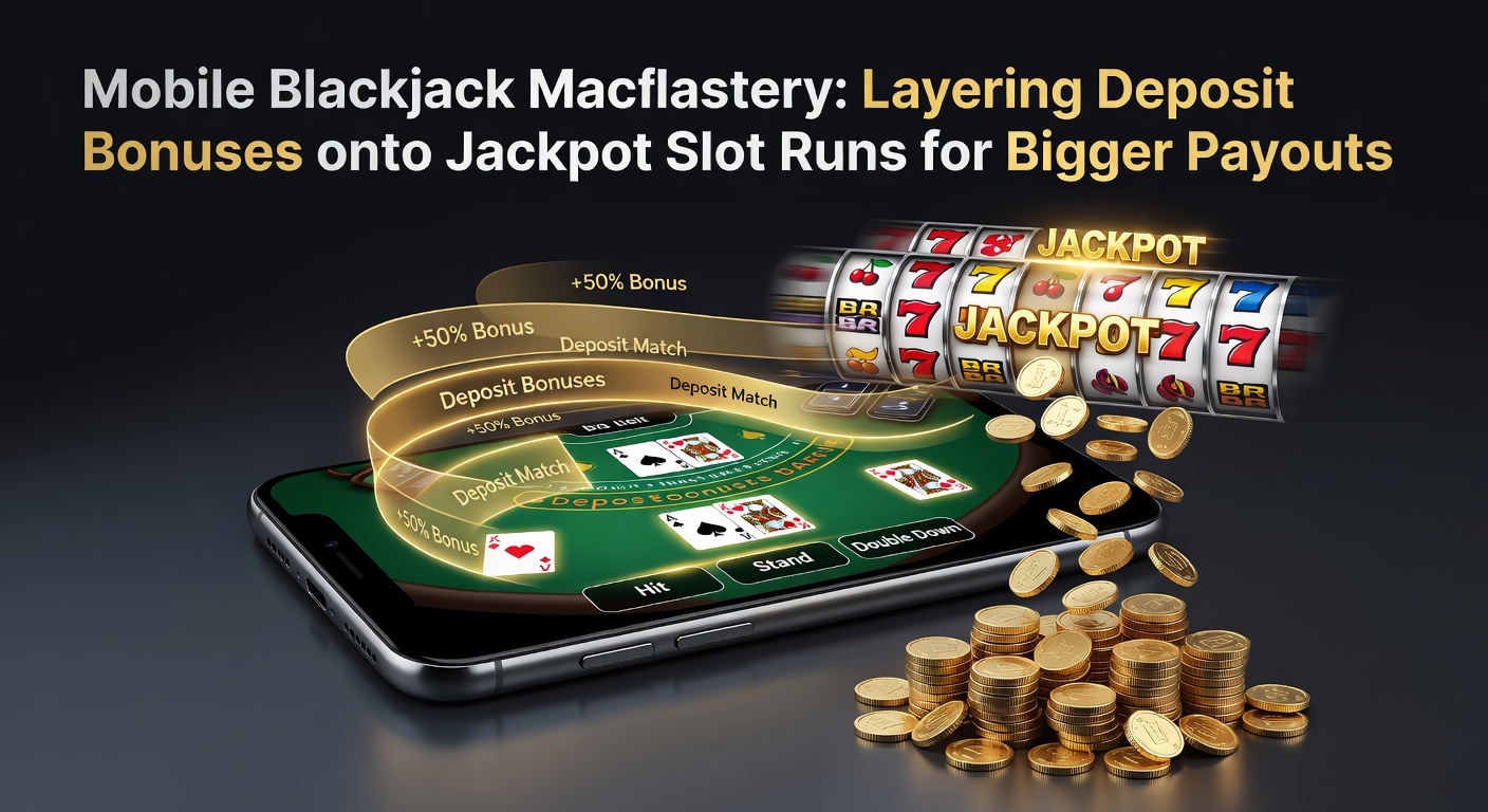 Smartphone screen displaying a mobile blackjack game with deposit bonus notifications and jackpot slot icons in the background