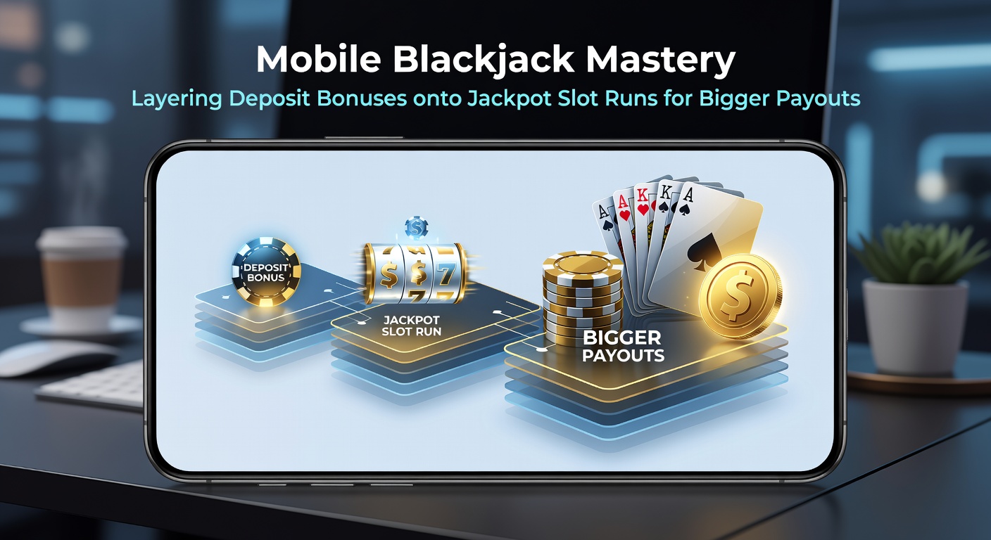 Illustration of deposit bonus layers stacking onto a progressive jackpot slot reel, with mobile blackjack cards overlayed