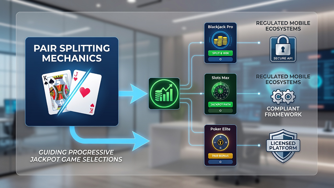 Illustration of regulated mobile gaming dashboard displaying blackjack pair splits influencing progressive jackpot meter contributions