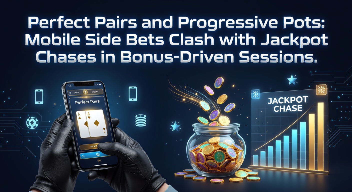 Vibrant mobile screen showing blackjack table with Perfect Pairs side bet options alongside a glowing progressive jackpot slot machine