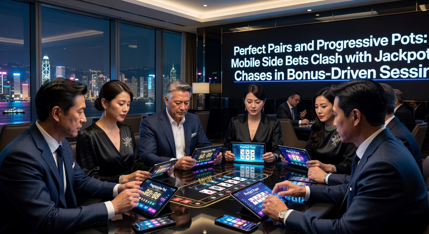 Dynamic split-screen graphic of a mobile device running Perfect Pairs blackjack on one side and a progressive jackpot slot erupting in coins on the other