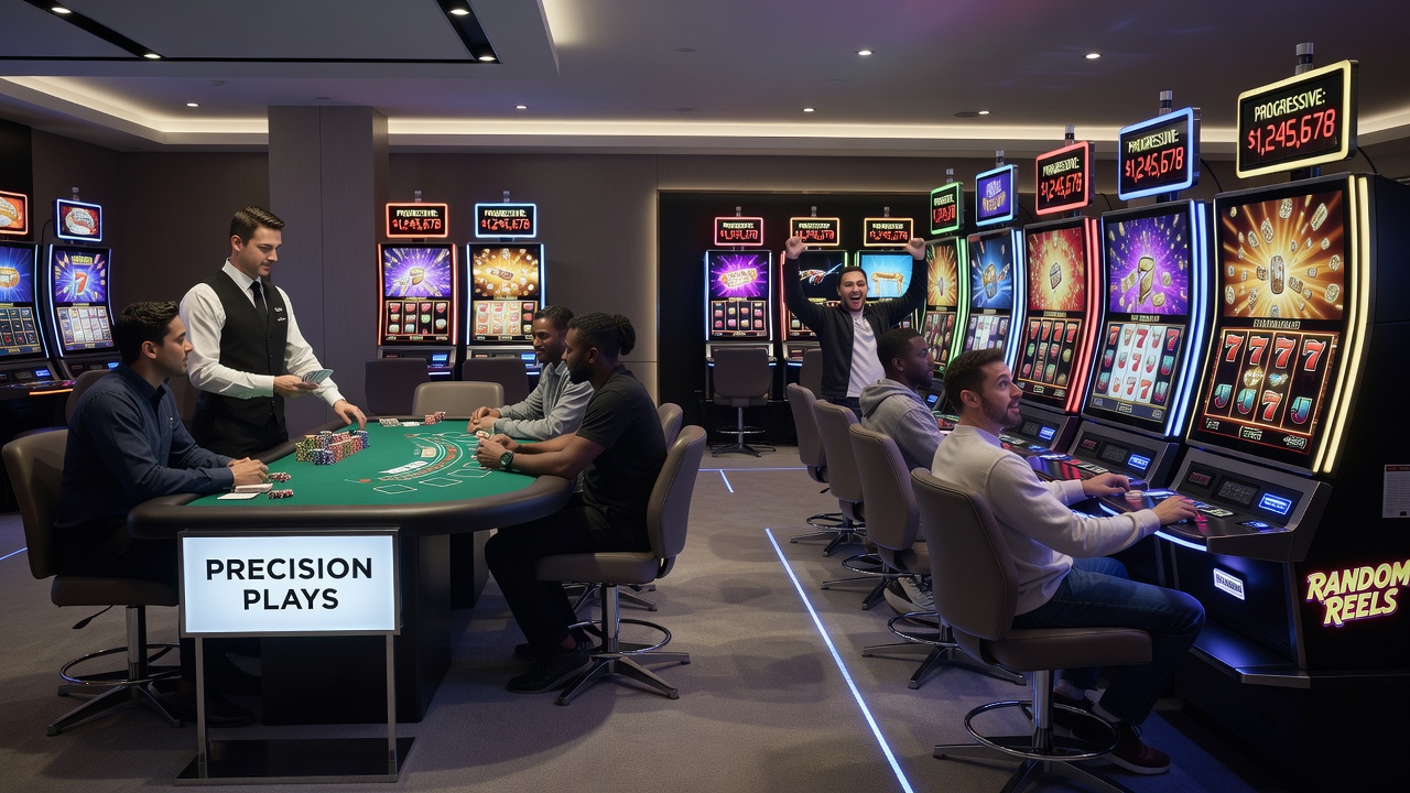 Close-up of mobile screen with transition overlay between blackjack strategy panel and slot paytable