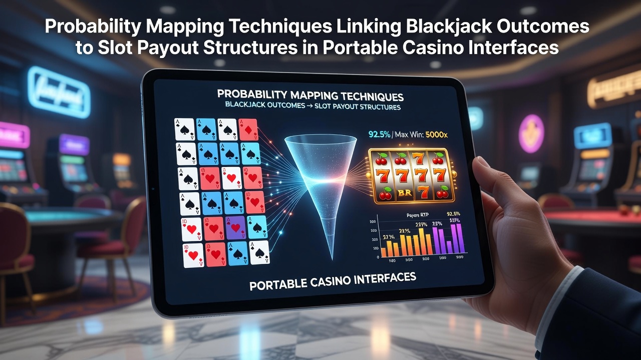 Diagram showing probability mapping between blackjack card outcomes and slot reel structures on a mobile interface