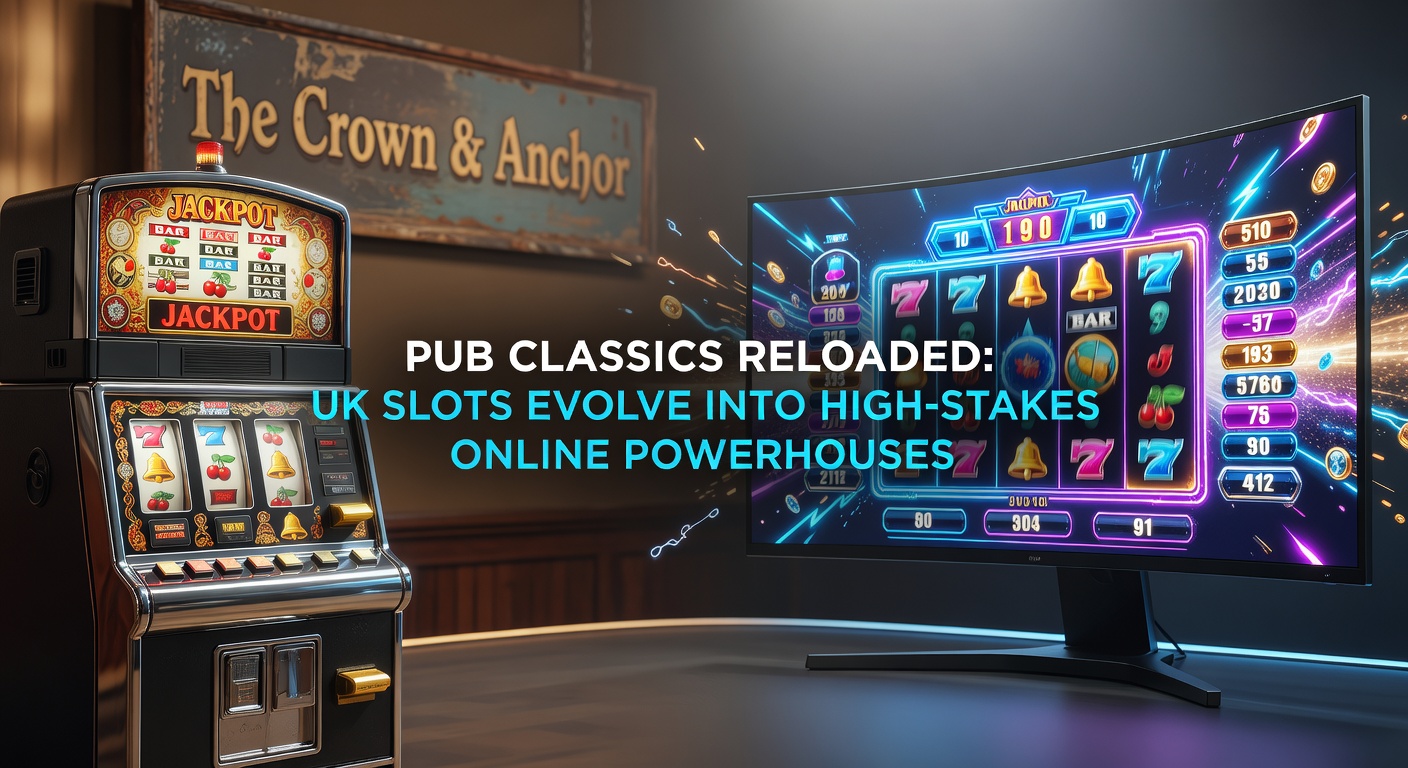 Vintage UK pub fruit machine glowing under dim pub lights, coins spilling from the tray as players cheer
