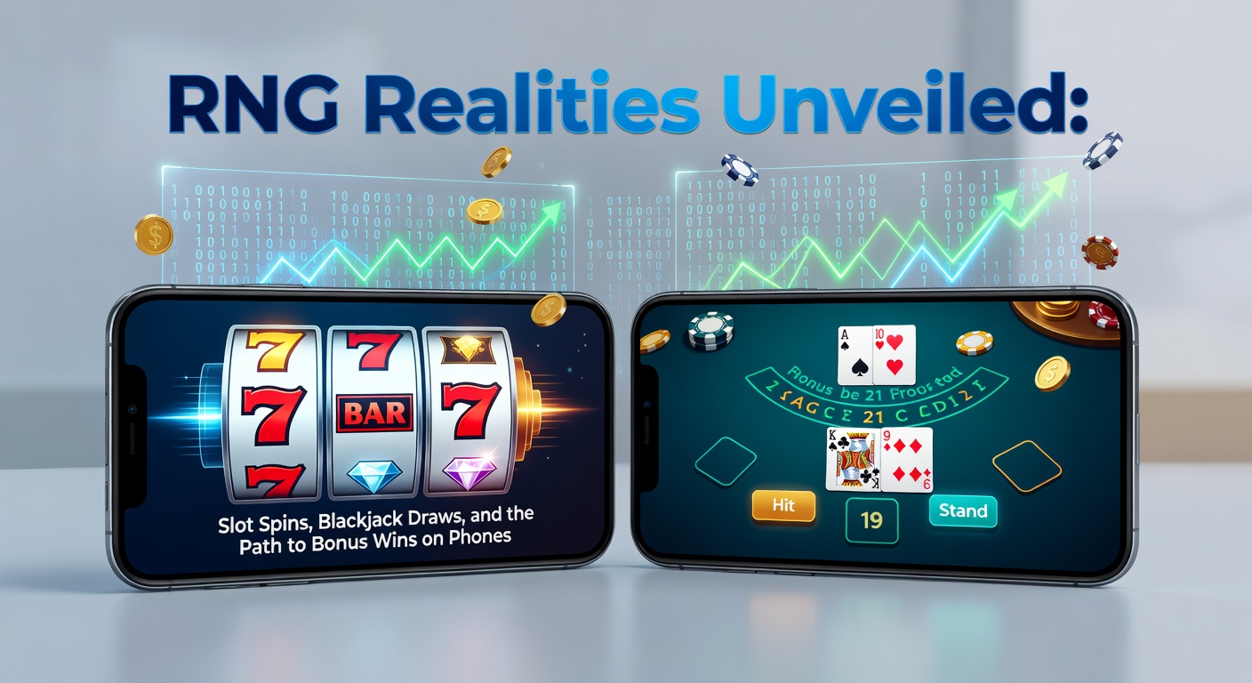 Digital slot reels spinning alongside blackjack cards on a mobile screen, illustrating RNG-driven gameplay