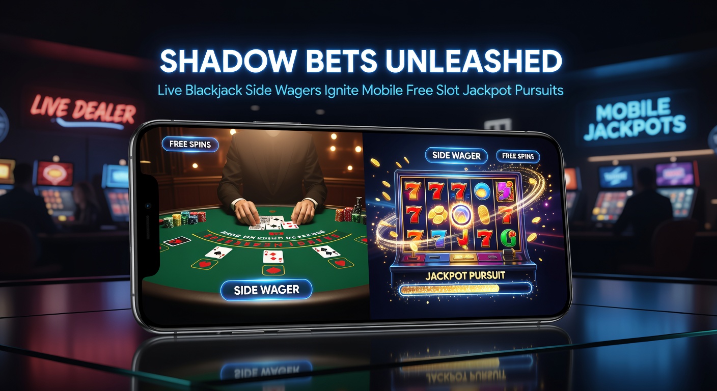 Mobile phone displaying split-screen: left side live blackjack with shadow side bet wins highlighted, right side exploding slot jackpot with coins raining down