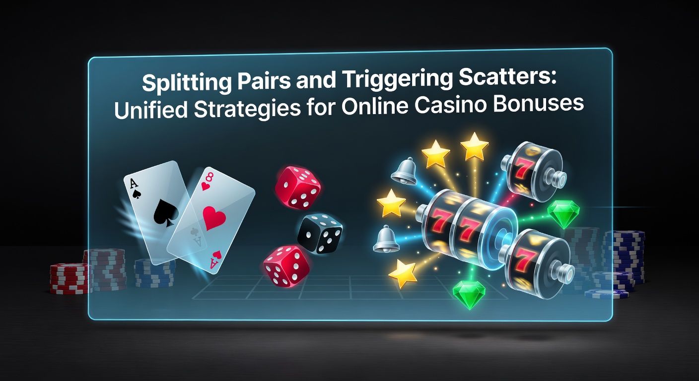 Digital illustration of blackjack cards splitting into pairs alongside glowing slot scatters activating bonus rounds on a mobile casino interface
