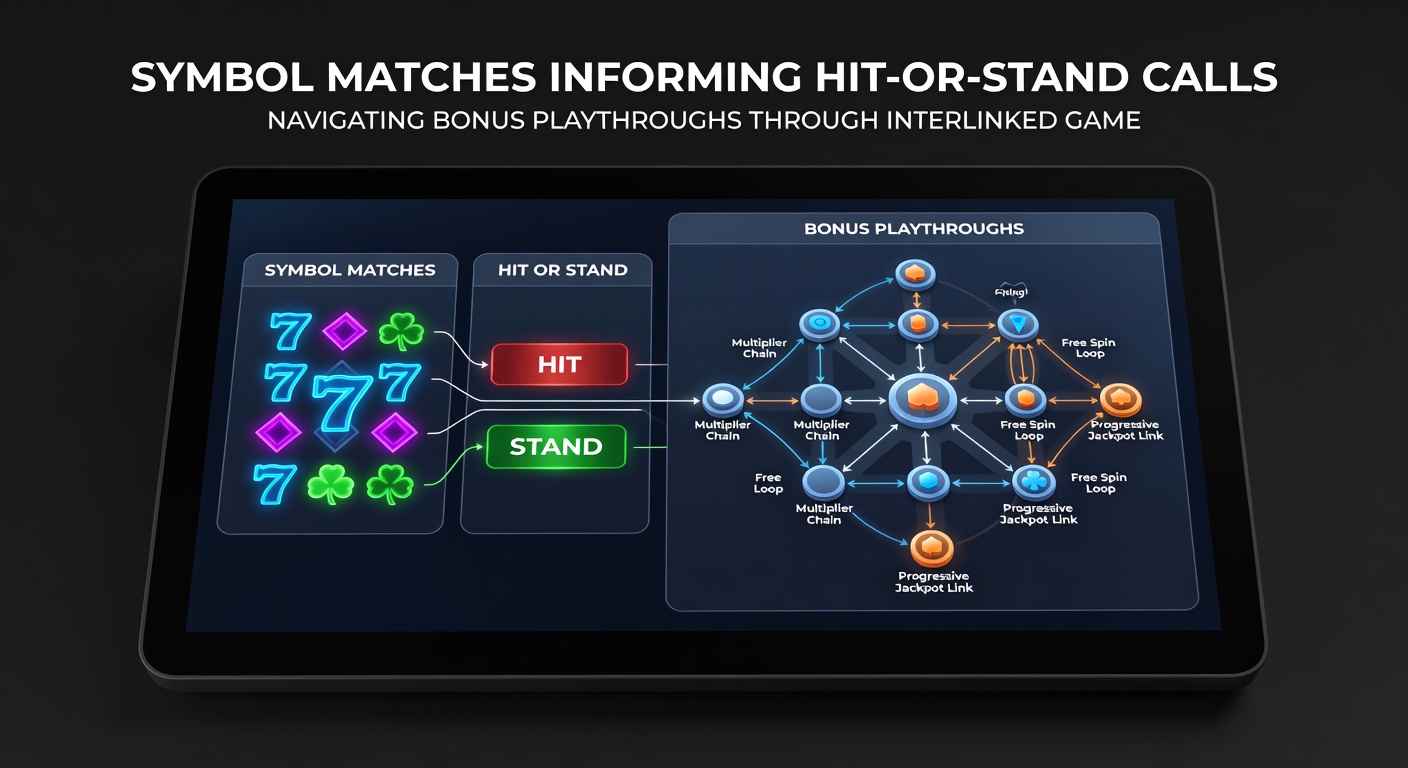 Split screen view of slot reels displaying matching symbols alongside blackjack hand with hit-stand indicators active