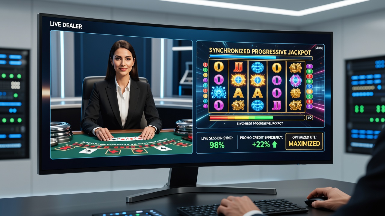 Close-up view of tablet screen showing live dealer interaction merged with progressive slot meter updates and credit balance indicators