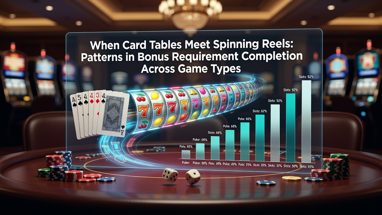Card tables and slot machines side by side illustrating bonus requirement patterns in gaming