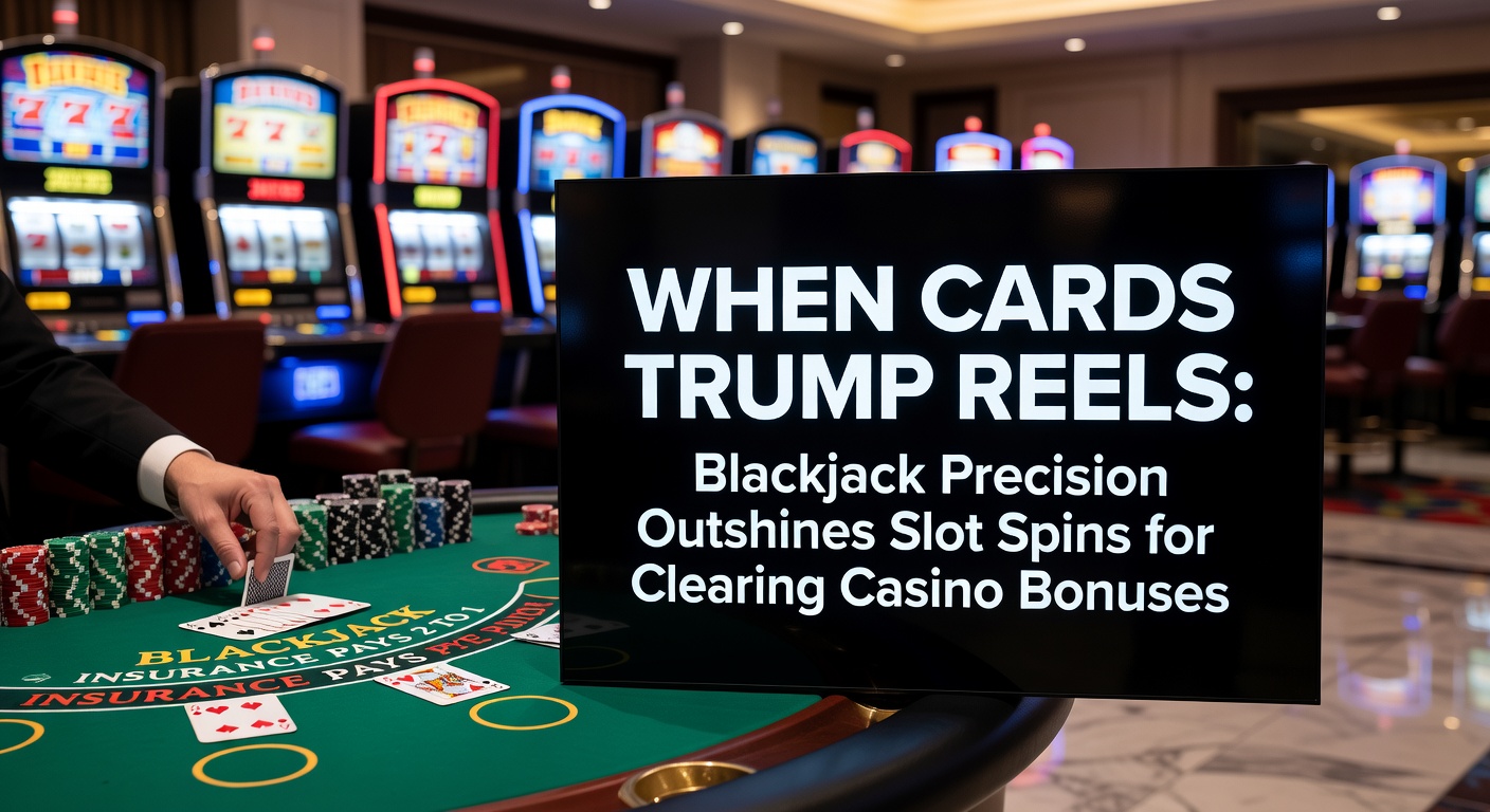 Digital blackjack table on a mobile screen next to spinning slot reels, highlighting bonus wagering paths