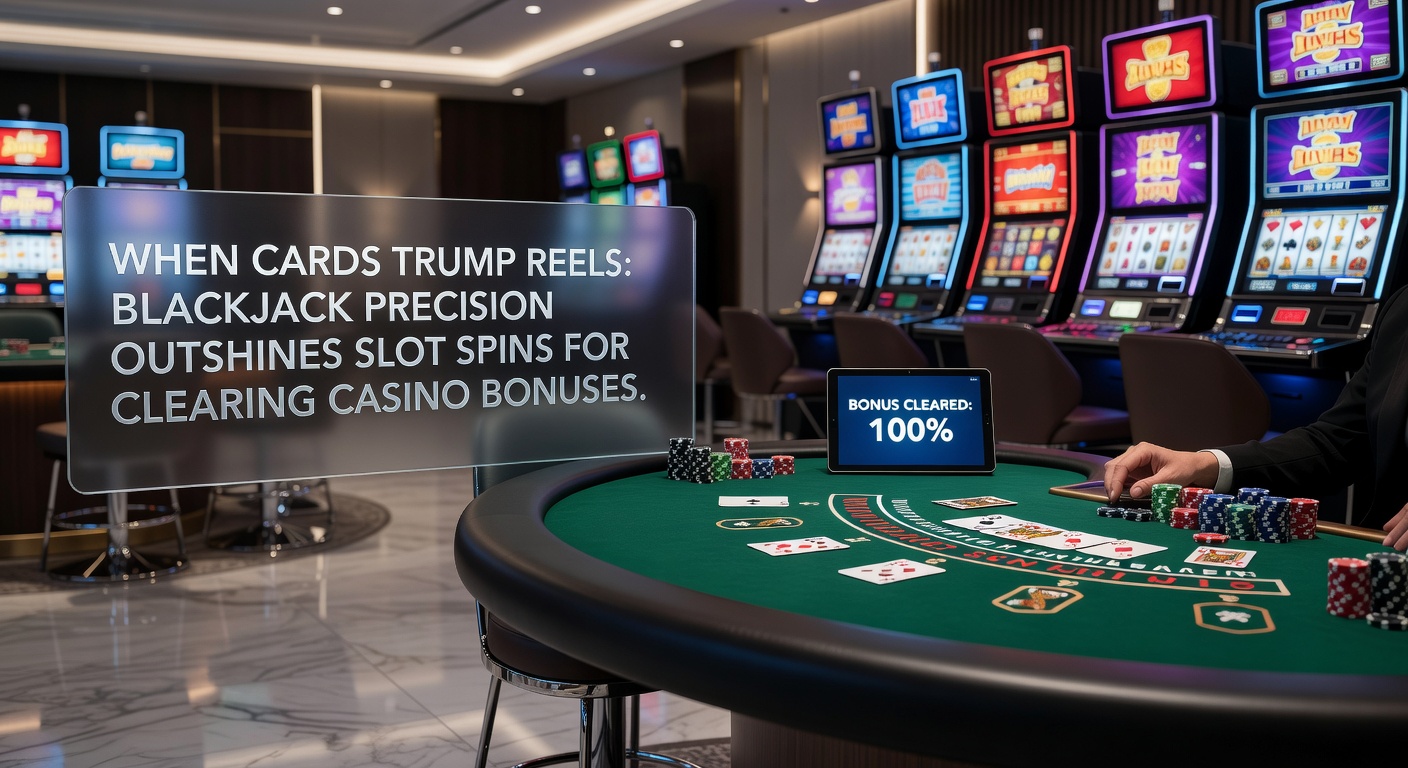 Comparison chart of blackjack hands vs. slot spins needed to clear a 40x bonus, with mobile devices in foreground